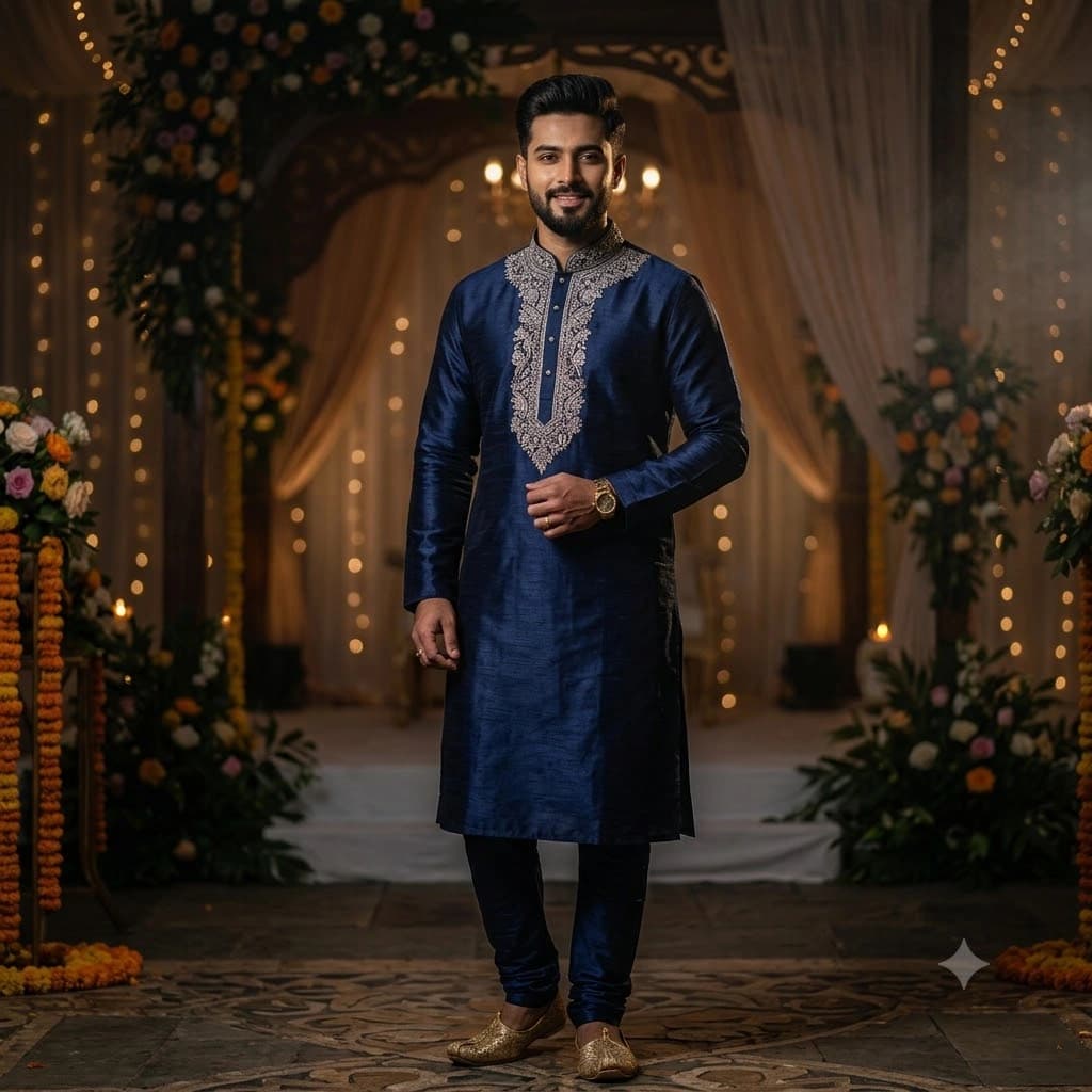 Deep Navy Silk Panjabi Silver Zardozi