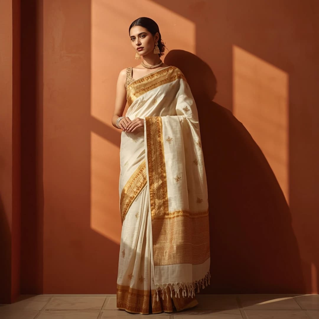 Ivory White Golden Jamdani Saree