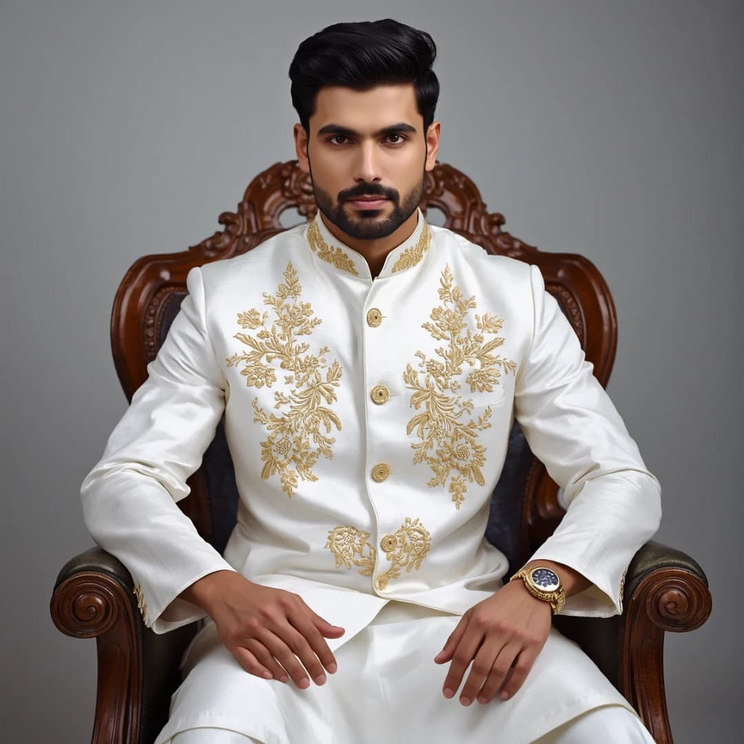 Ivory White Silk Panjabi Gold