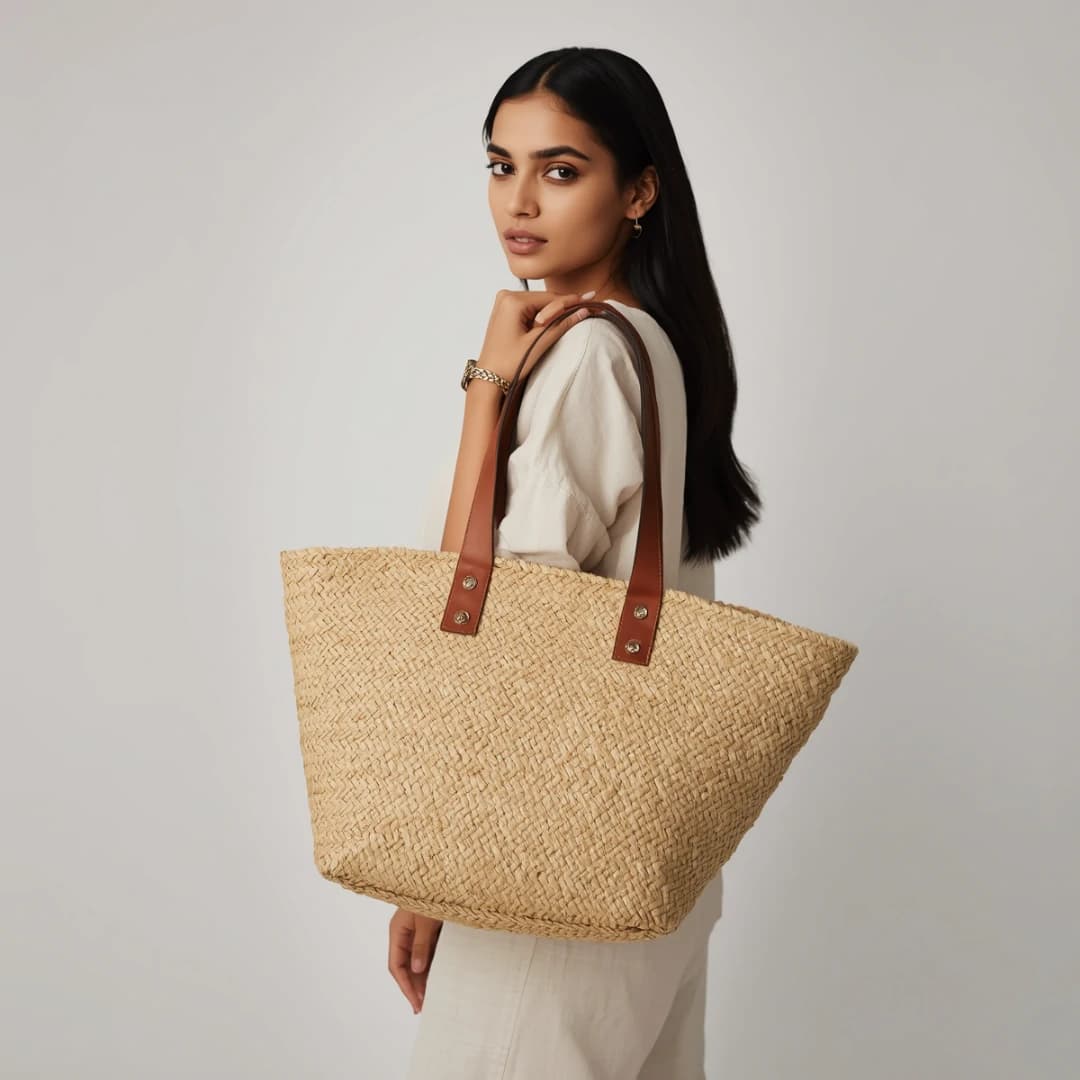 Jute Tan Leather Handbag