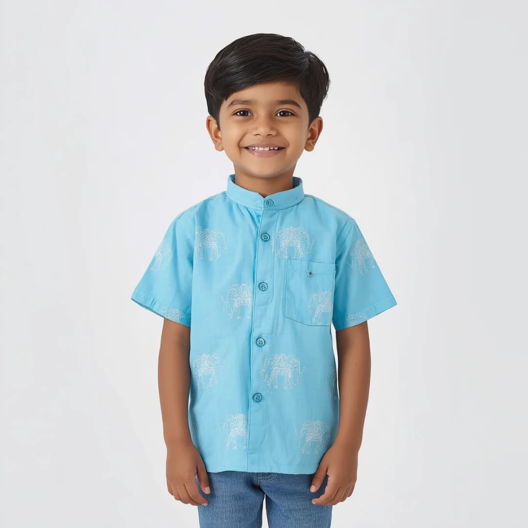 Kids Sky Blue Block Printed Shirt