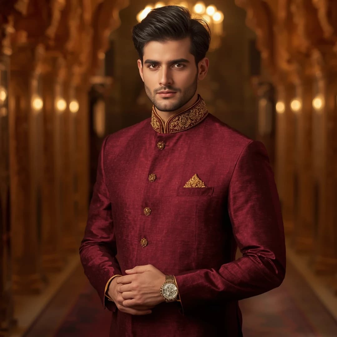 Maroon Tussar Silk Grooms Panjabi