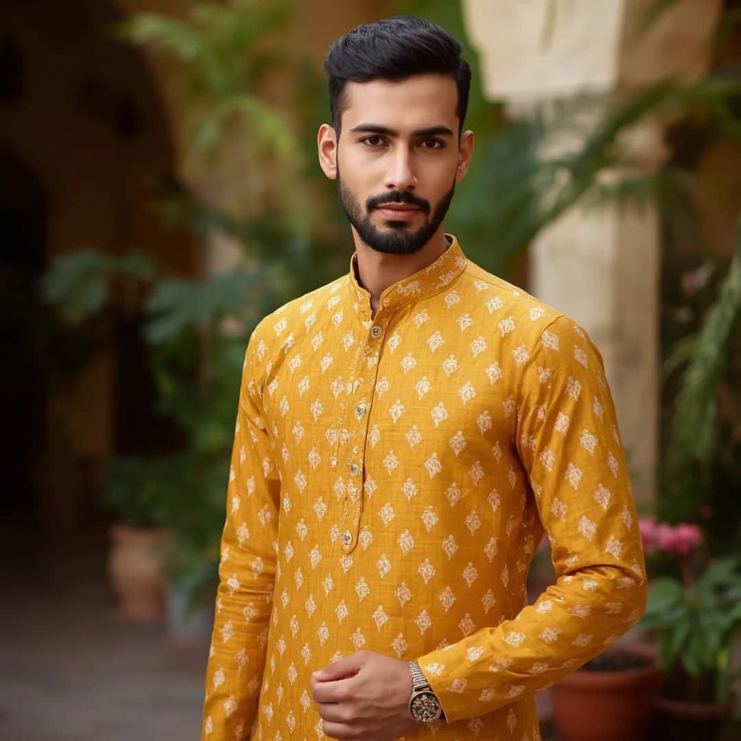 Mustard Yellow Block Printed Panjabi