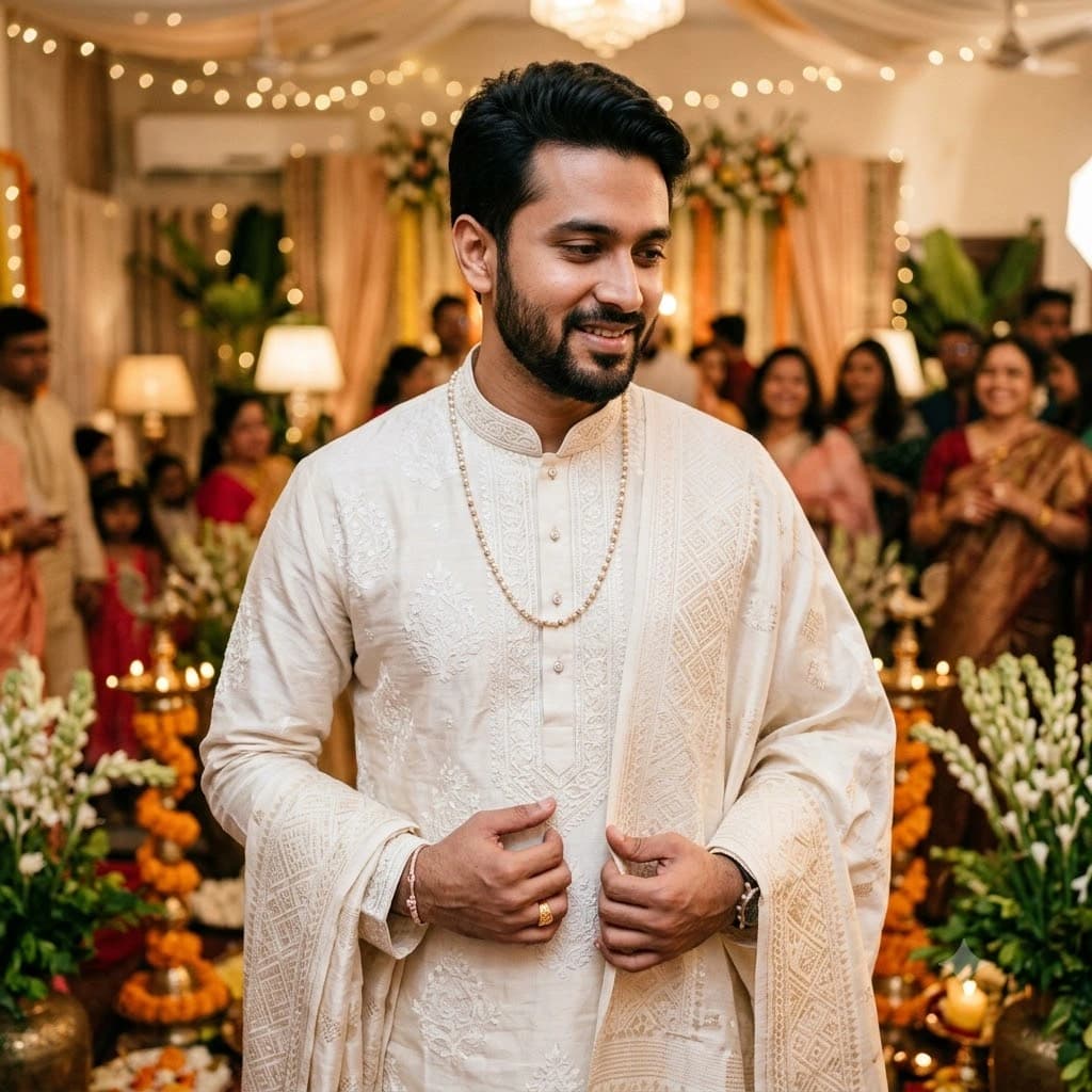 Off White Jamdani Silk Wedding Panjabi