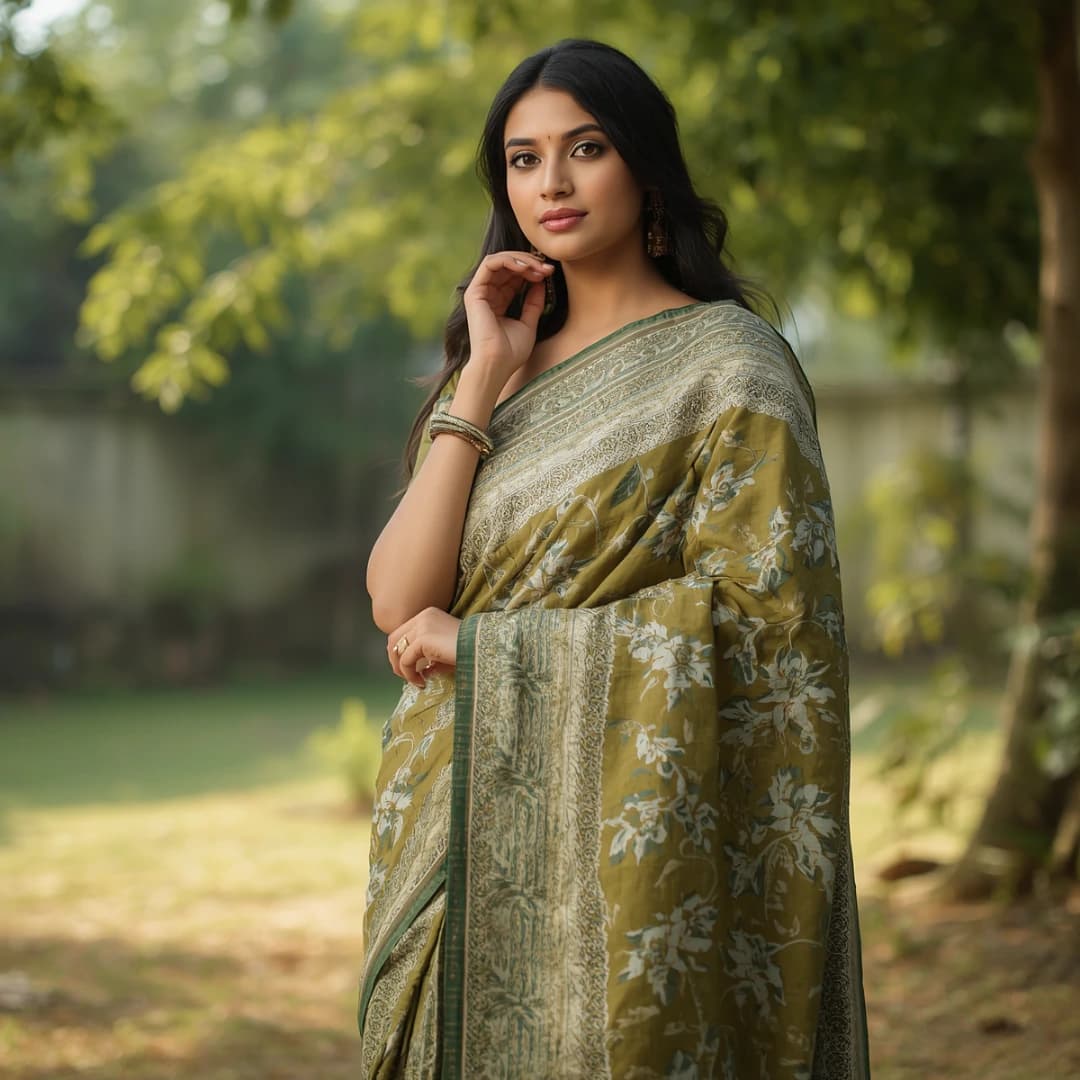 Olive Green Block Printed Saree
