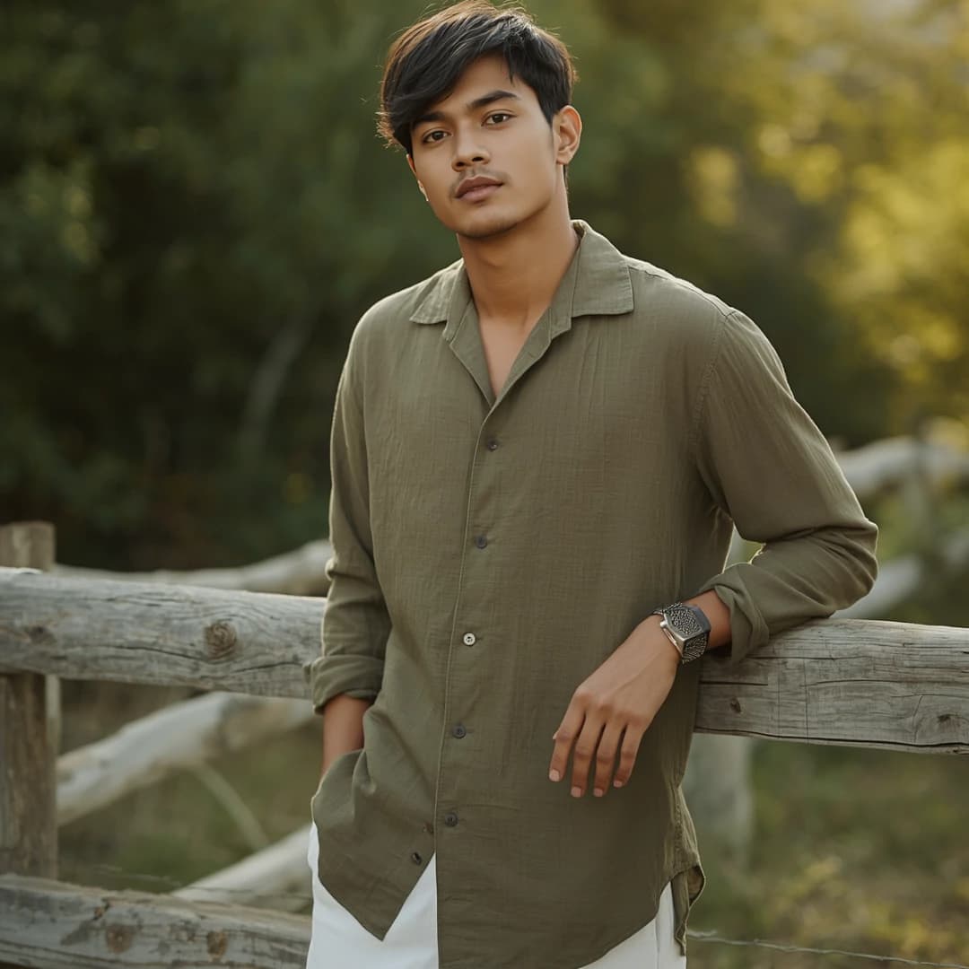 Olive Green Linen Casual Shirt