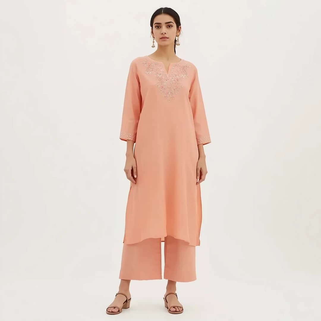 Peach Embroidered Cotton Kameez Set