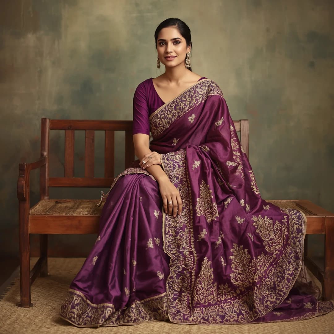 Plum Purple Silk Saree Zardozi