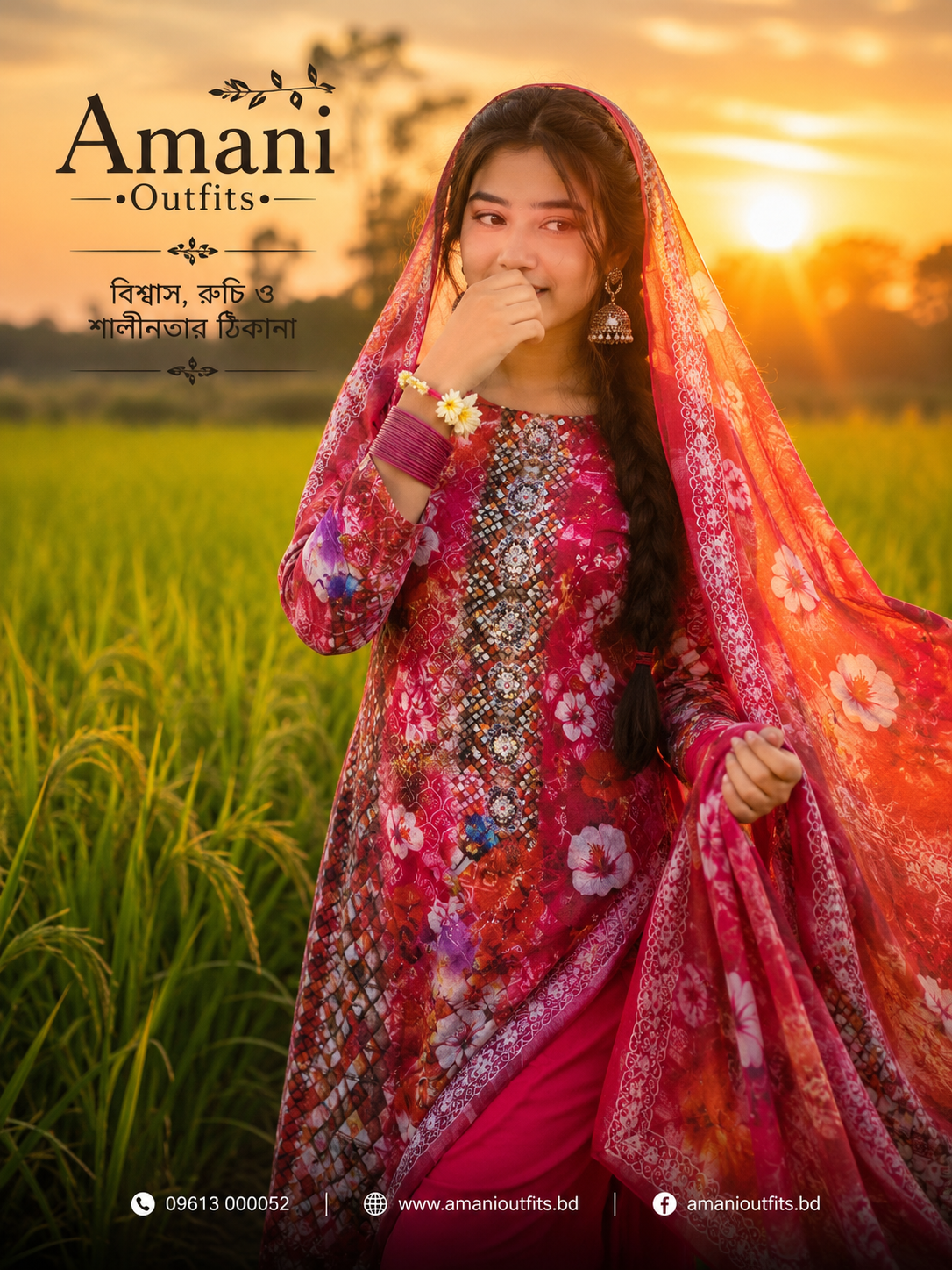 ম্যাজেন্টা-রেড অ্যাবস্ট্রাক্ট ফ্লোরাল থ্রি-পিচ